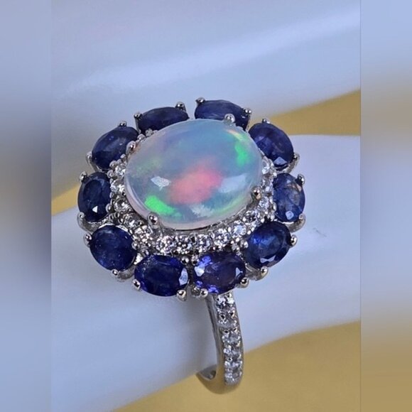 925 Sterling Silver Ring with Natural White Opal 8x10mm & Sapphire Gems - Picture 14 of 15